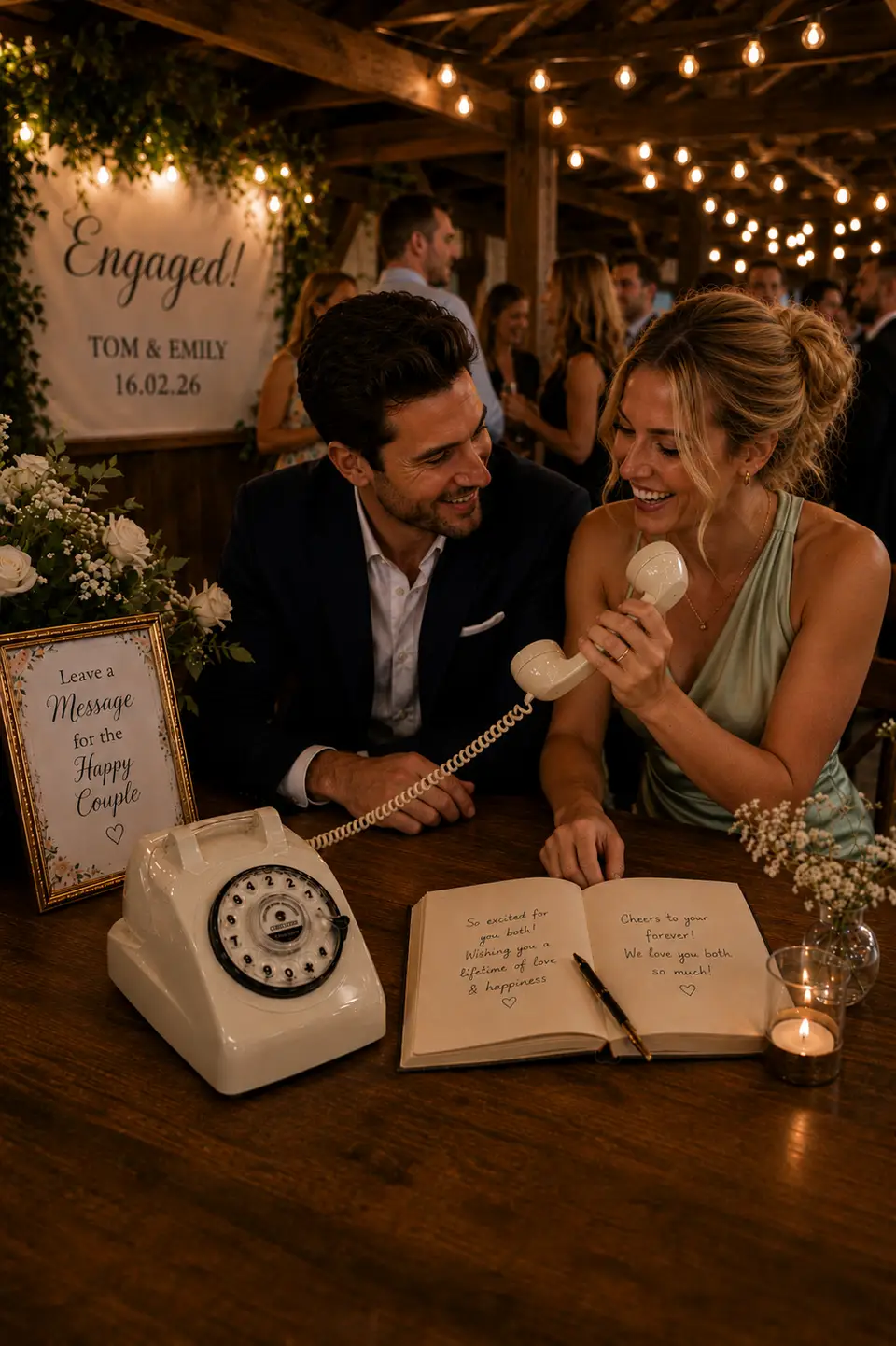 A couple at their engagement party, one holding the handset of a vintage telephone beside an open guest book on the table
