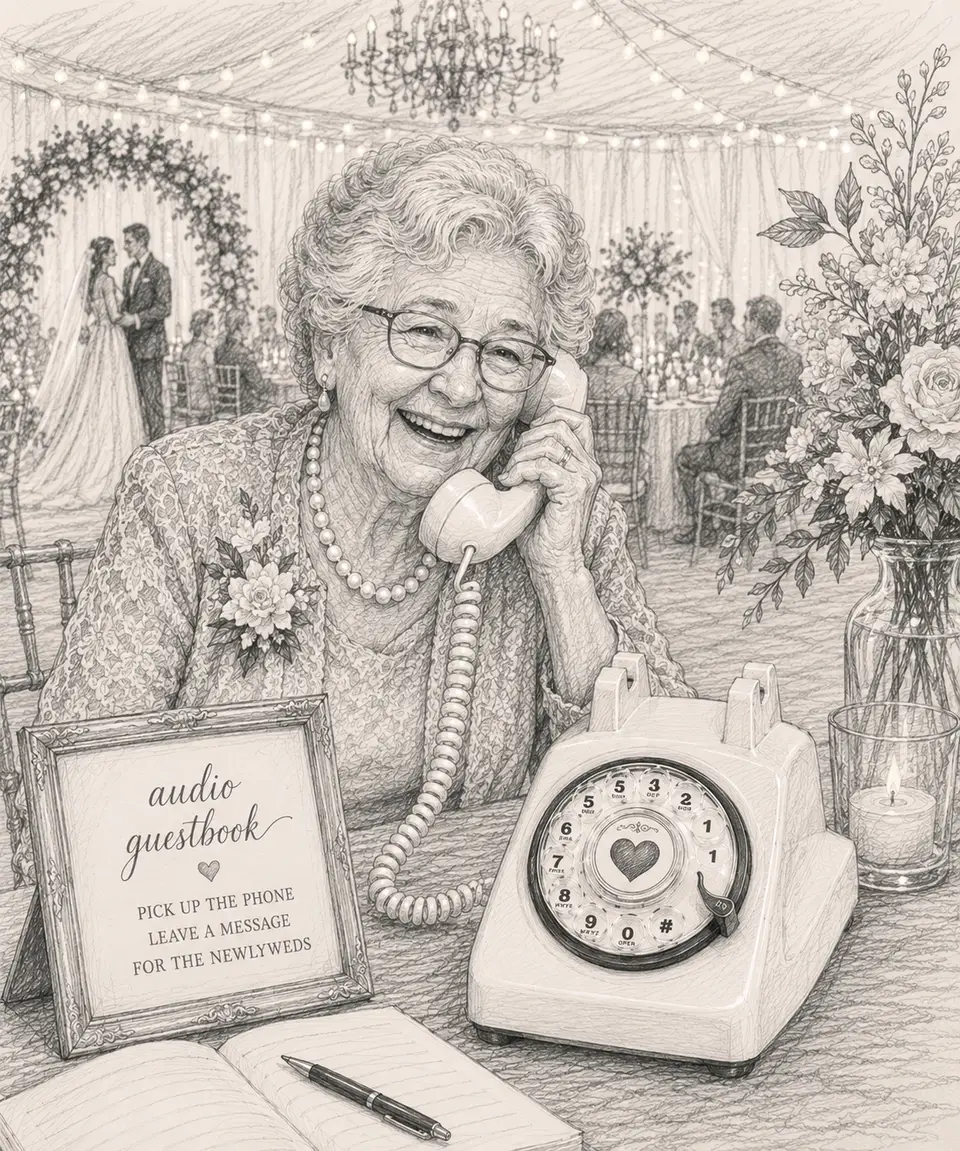 A grandmother lifts the handset of a vintage telephone to leave a recorded message at an event