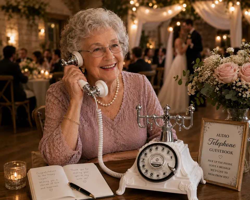 A grandmother lifts the handset of a vintage telephone to leave a recorded message at an event